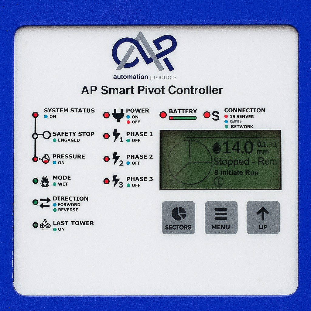 A comprehensive electronic center pivot control panel installed on an agricultural irrigation system, demonstrating advanced water and power management.